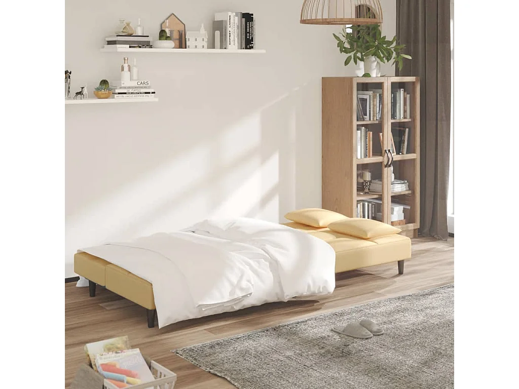 Sofá cama de 2 plazas con dos almohadas de terciopelo crema