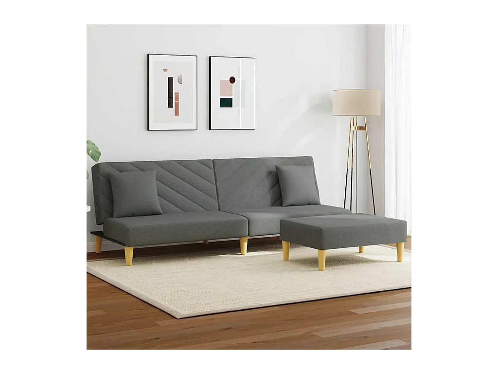 2-zits slaapbank met kussens en voetenbank in donkergrijs