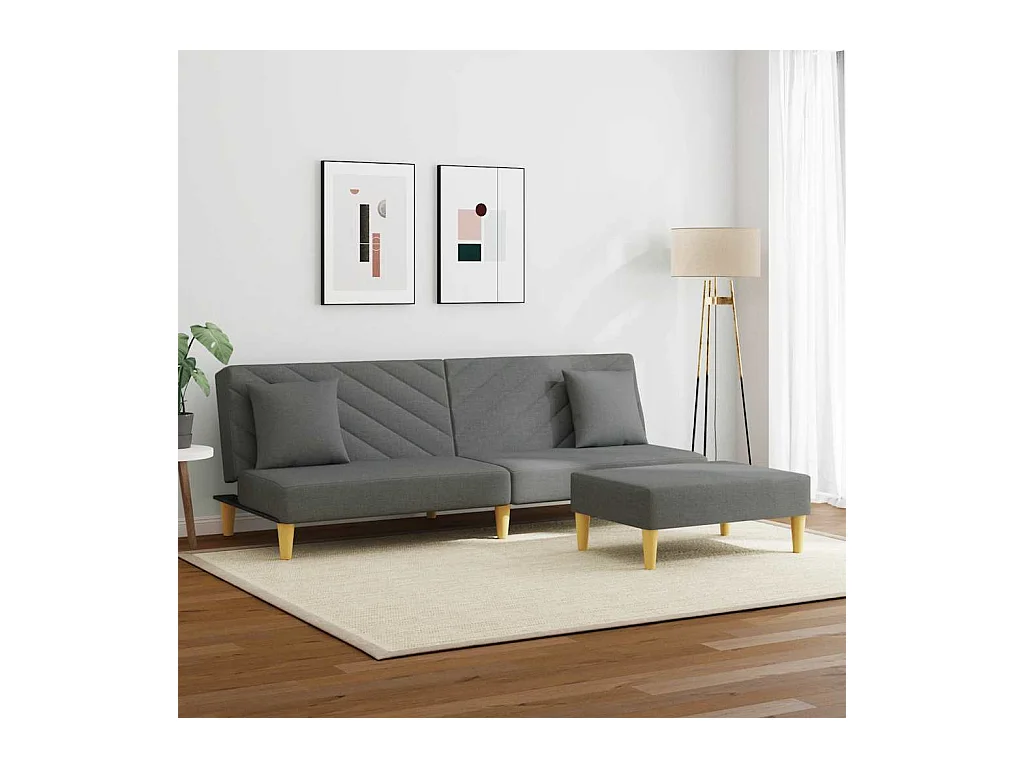 2-zits slaapbank met kussens en voetenbank in donkergrijs