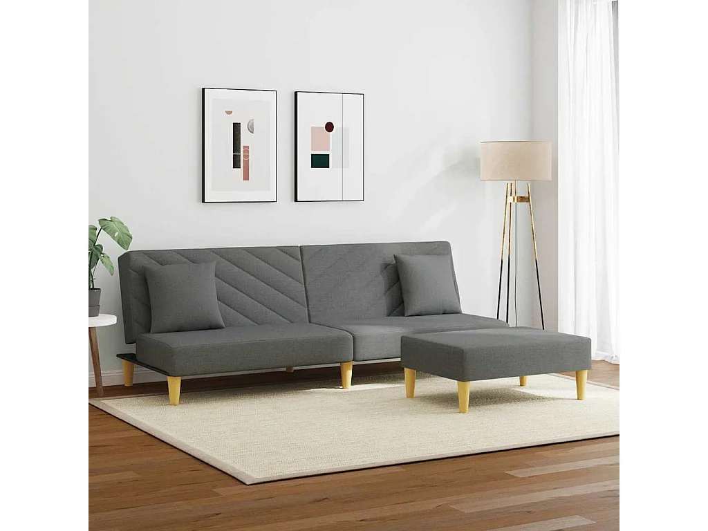 Sofá cama de 2 plazas con almohadas y reposapiés en gris oscuro