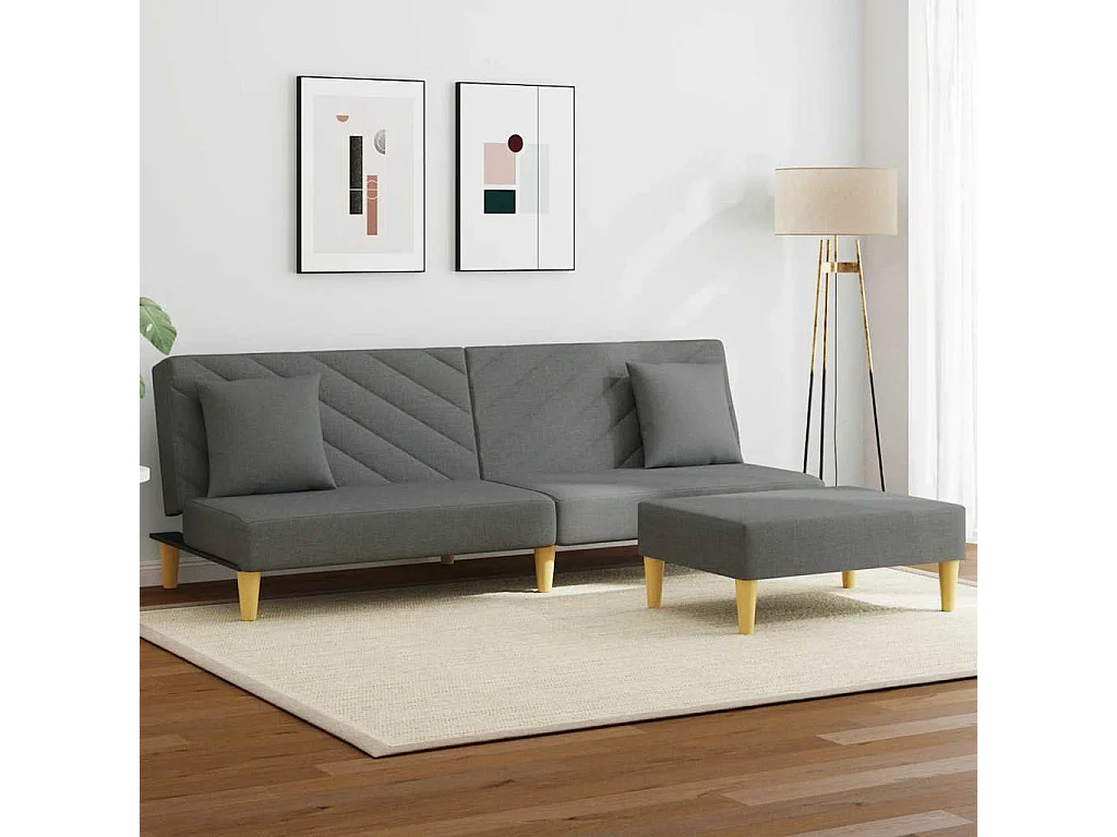 Sofá cama de 2 plazas con almohadas y reposapiés en gris oscuro