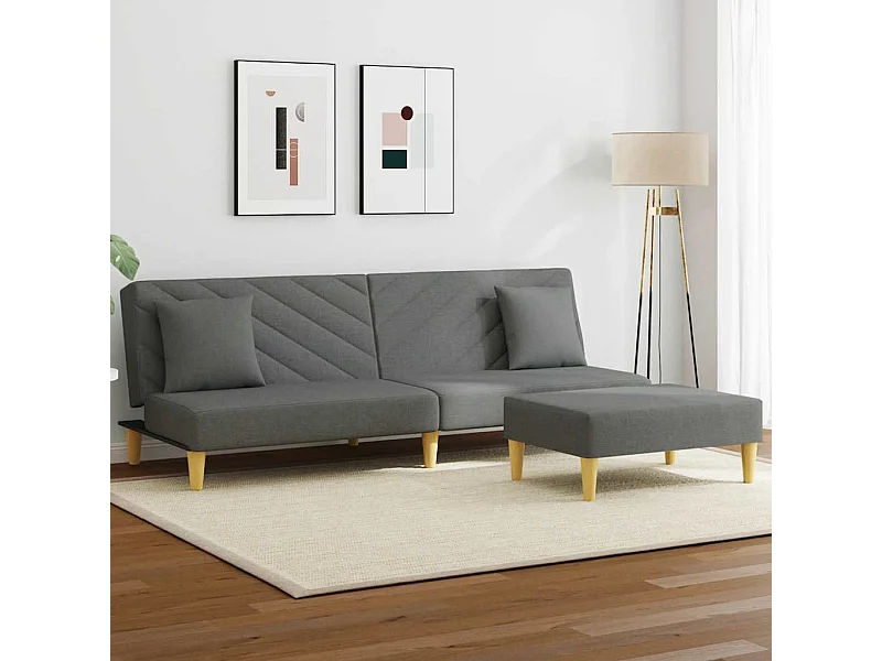 Sofá cama de 2 plazas con almohadas y reposapiés en gris oscuro