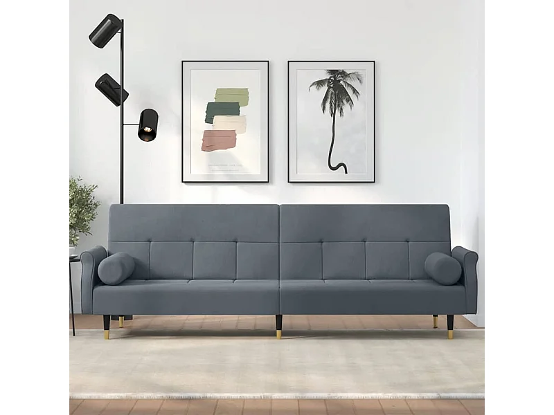 Sofá cama con cojines de terciopelo gris oscuro