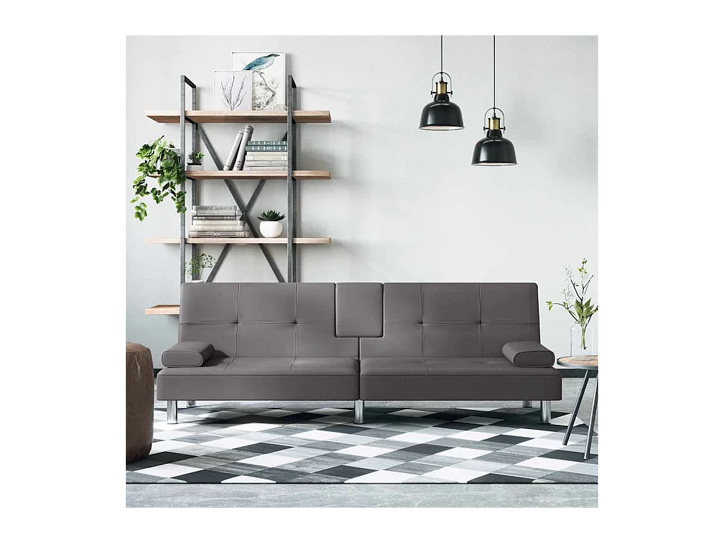 Sofá cama de piel sintética gris con portavasos