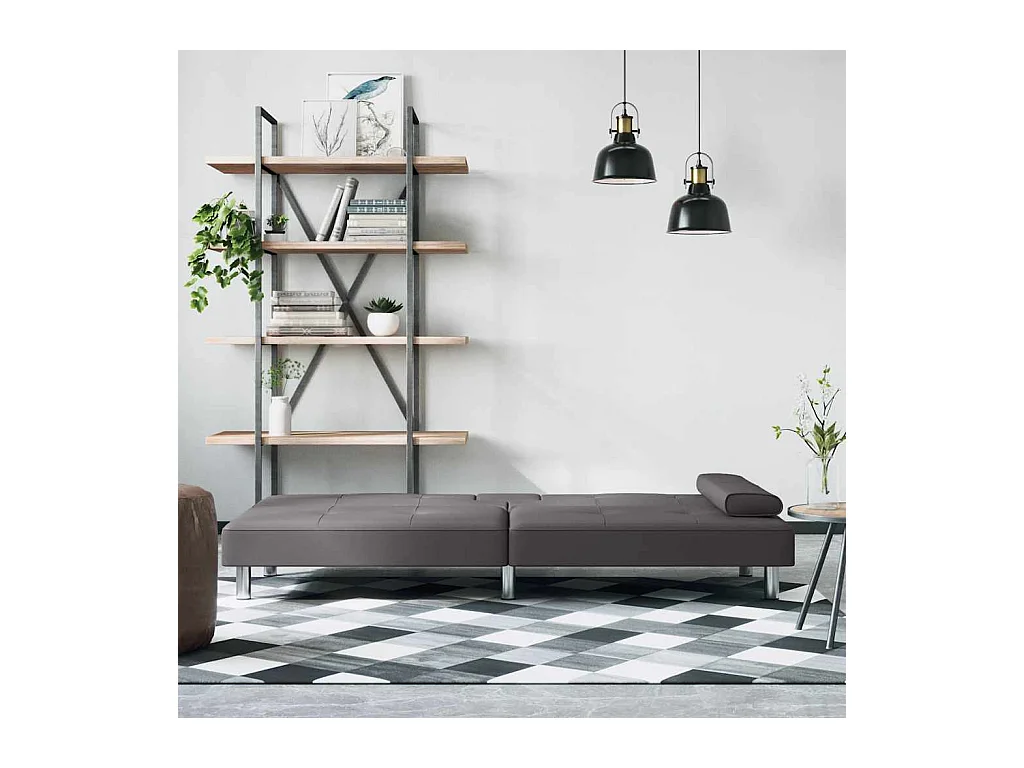 Sofá cama de piel sintética gris con portavasos