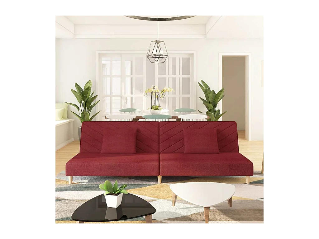 Divano letto a 2 posti con due cuscini in tessuto rosso bordeaux