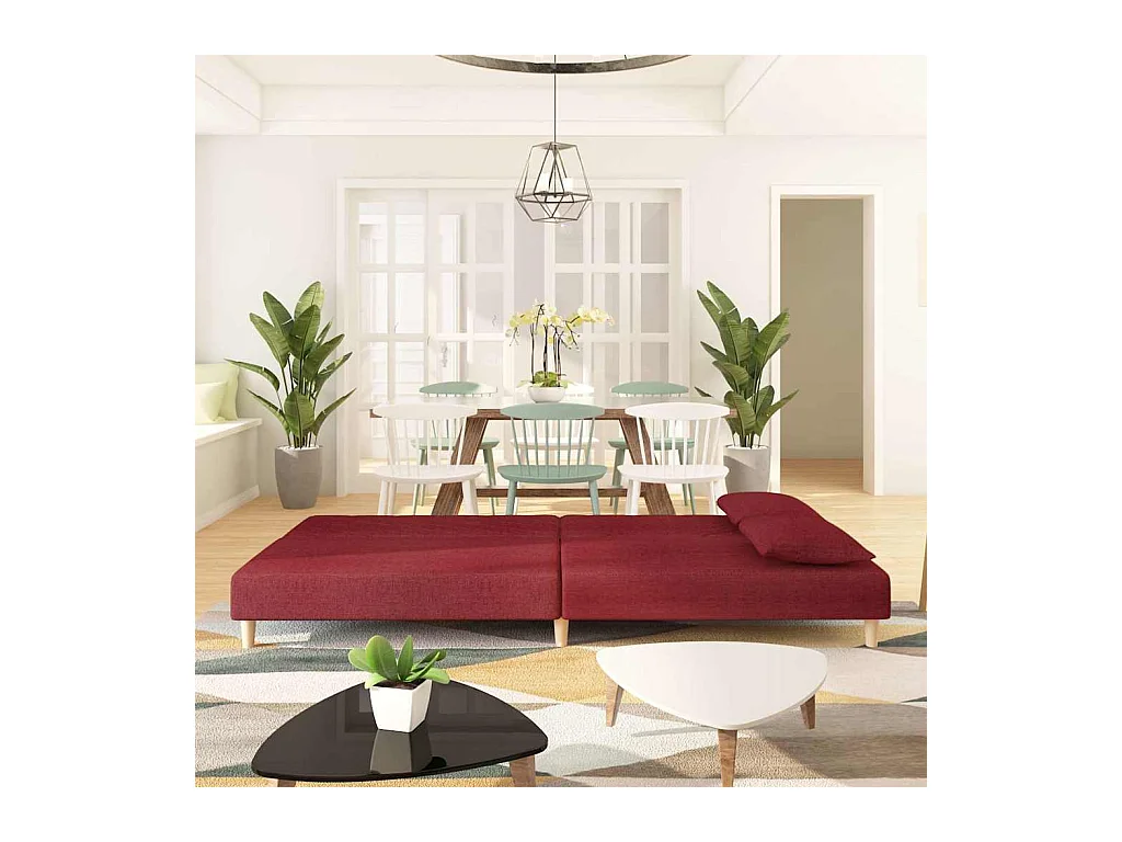 Divano letto a 2 posti con due cuscini in tessuto rosso bordeaux
