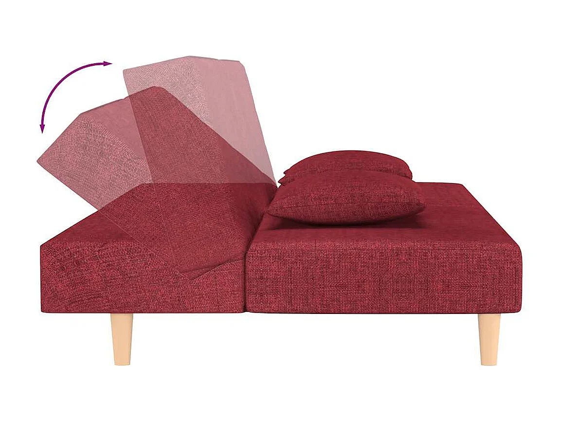 2-zits slaapbank met twee bordeauxrode stoffen kussens