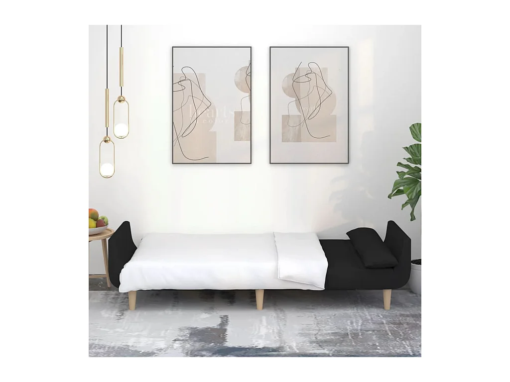 Sofá cama de 2 plazas con dos almohadas de tela negra