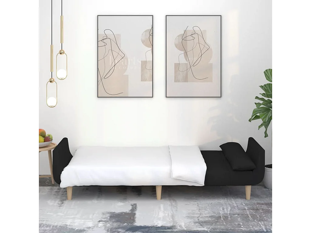 Sofá cama de 2 plazas con dos almohadas de tela negra