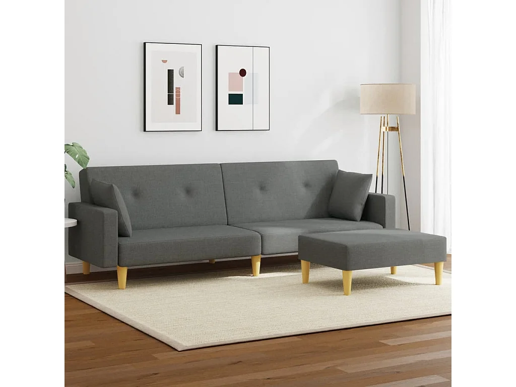 Sofá cama de 2 plazas con reposapiés de tela gris oscuro