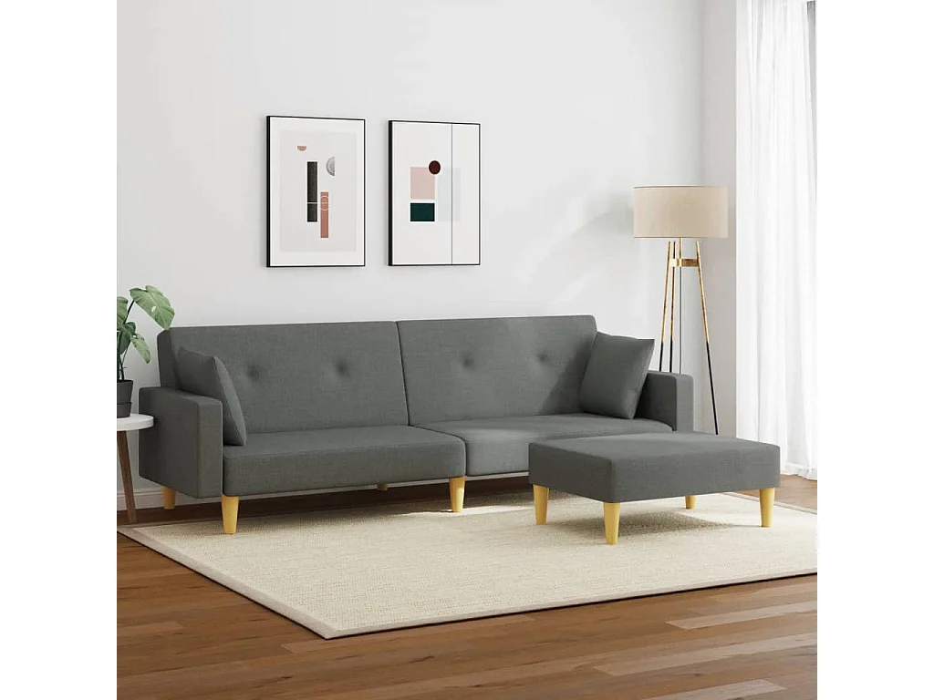 Sofá cama de 2 plazas con reposapiés de tela gris oscuro