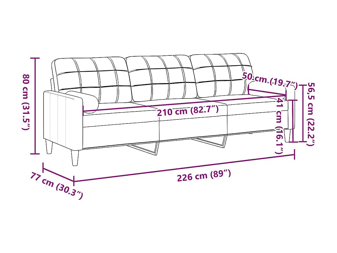 3-zitsbank met donkergrijze kussens 210 cm fluweel