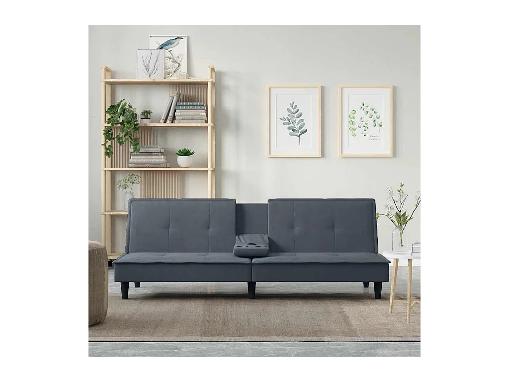 Donkergrijze fluwelen slaapbank met bekerhouders