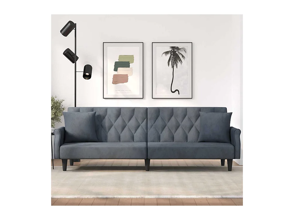 Sofá cama de terciopelo gris oscuro con reposabrazos