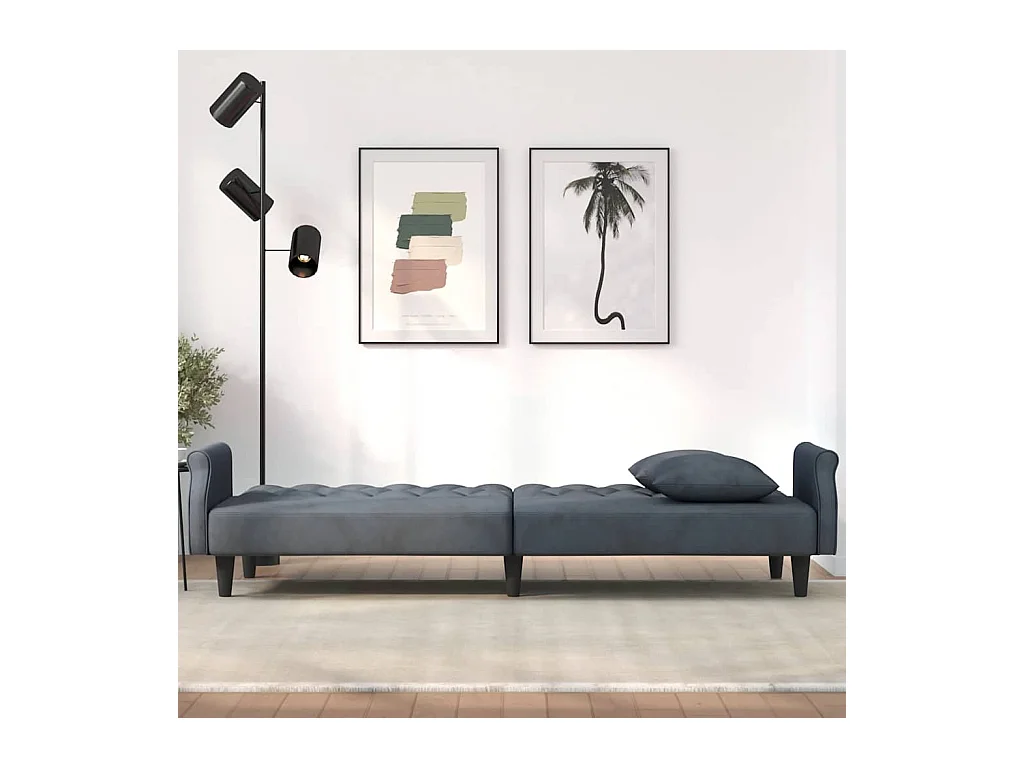 Sofá cama de terciopelo gris oscuro con reposabrazos