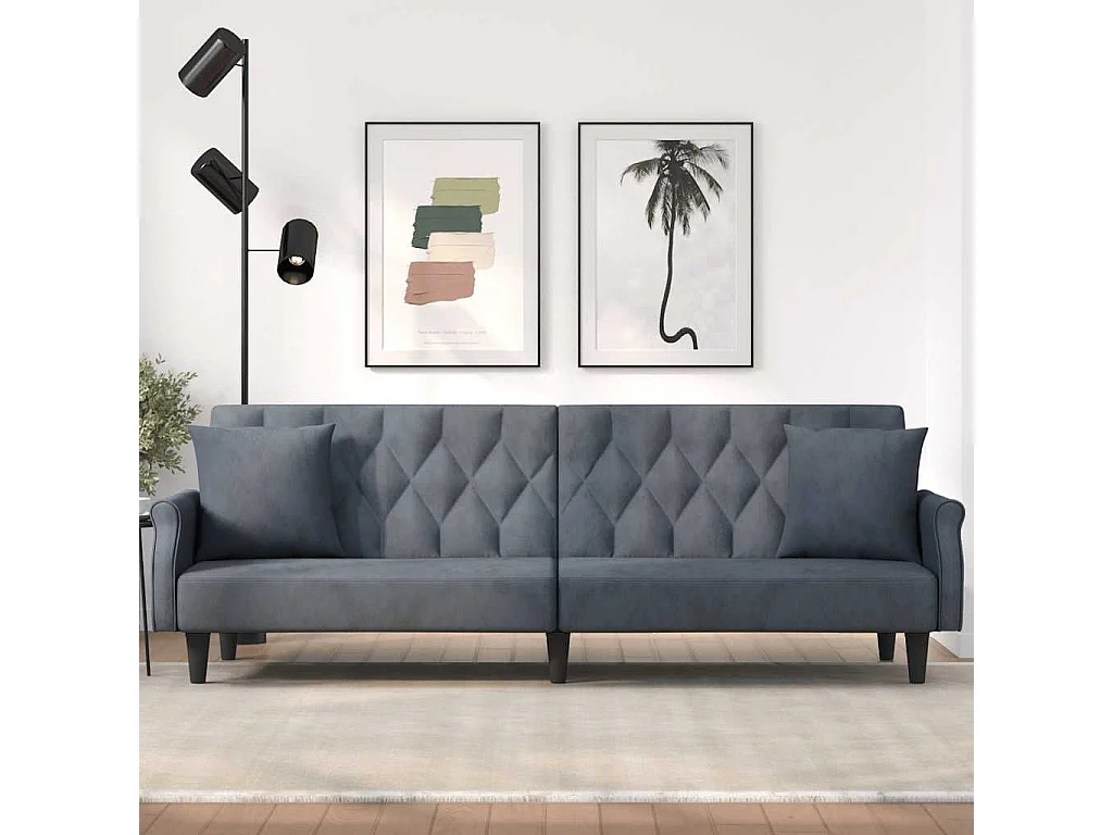 Sofá cama de terciopelo gris oscuro con reposabrazos