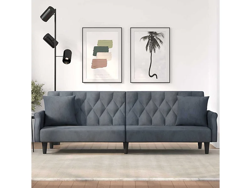 Sofá cama de terciopelo gris oscuro con reposabrazos