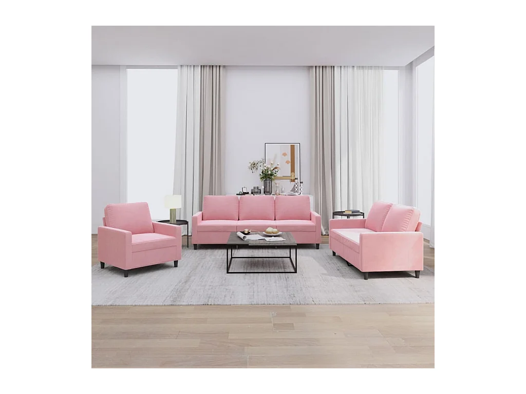 Set di divani 3 pezzi con cuscini, velluto rosa