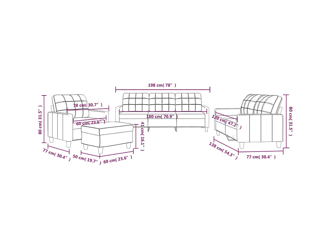 4-delige bankset met kussens in Cappuccino imitatieleer