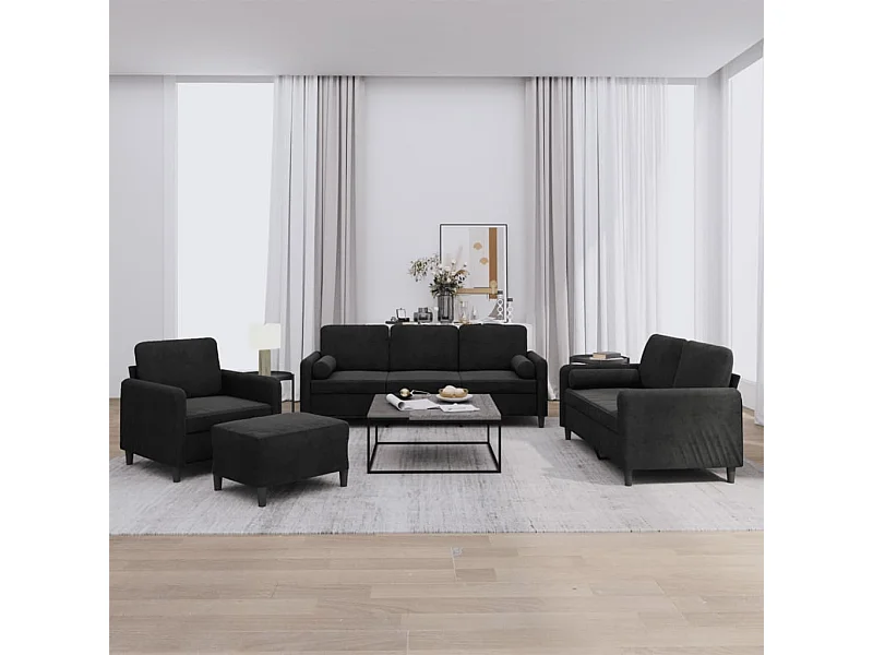Set di divani da 4 pezzi con cuscini in velluto nero
