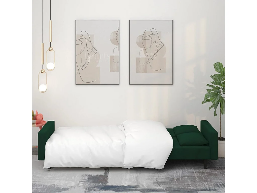 Sofá cama de 2 plazas con dos almohadas de terciopelo verde oscuro