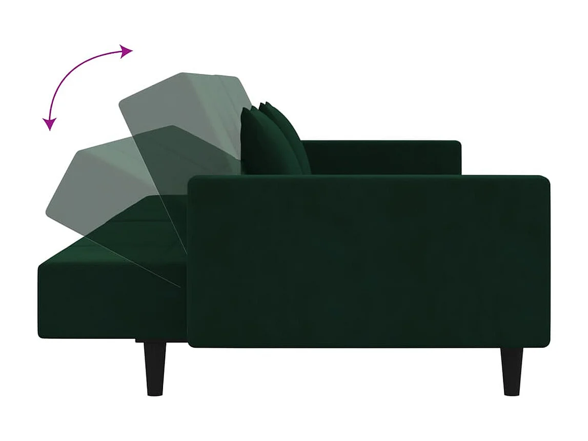 Sofá cama de 2 plazas con dos almohadas de terciopelo verde oscuro