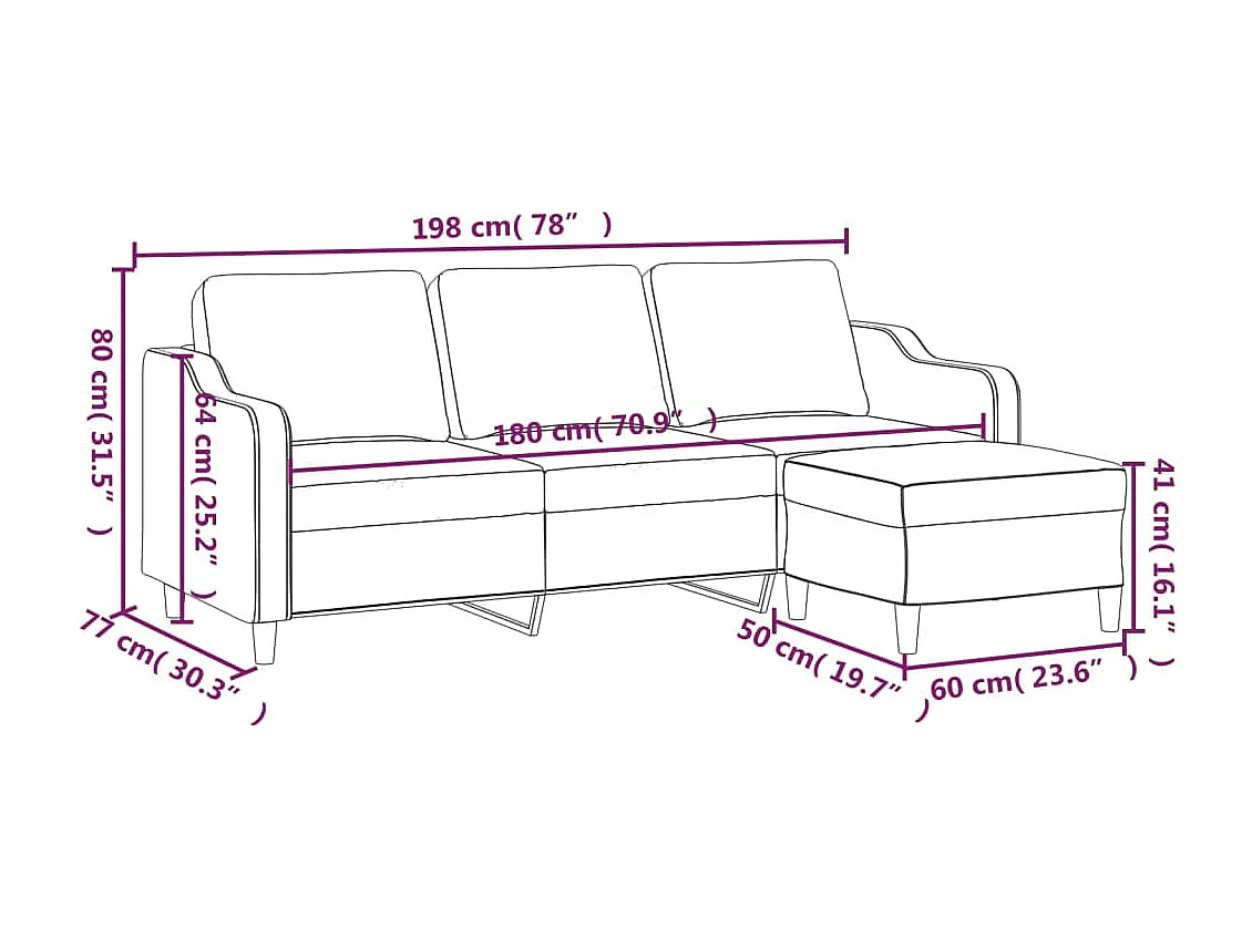Sofá 3 plazas con reposapiés Gris oscuro 180 cm Tela
