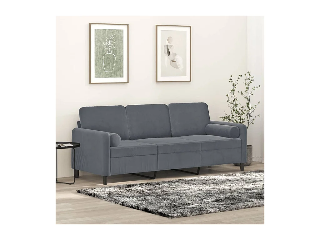 Sofá de 3 plazas con cojines gris oscuro de terciopelo de 180 cm