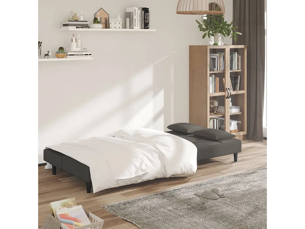 Sofá cama de 2 plazas con dos almohadas en terciopelo gris oscuro