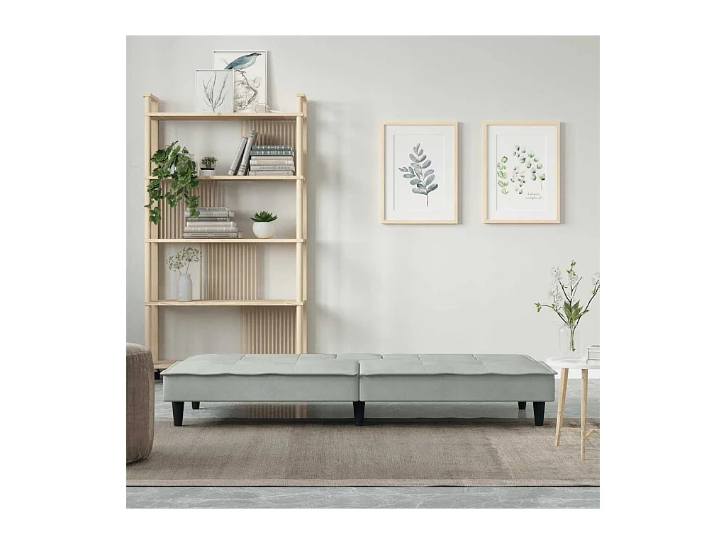 Divano letto in velluto grigio chiaro con portabicchieri