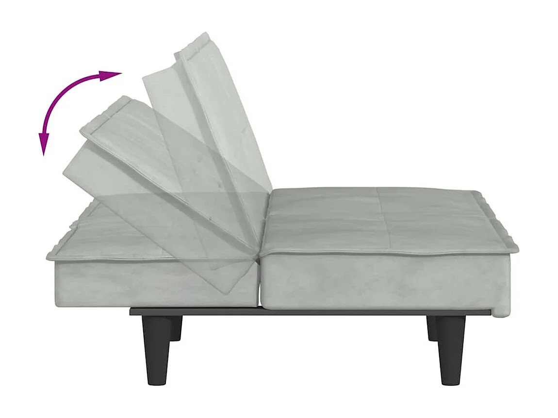 Divano letto in velluto grigio chiaro con portabicchieri