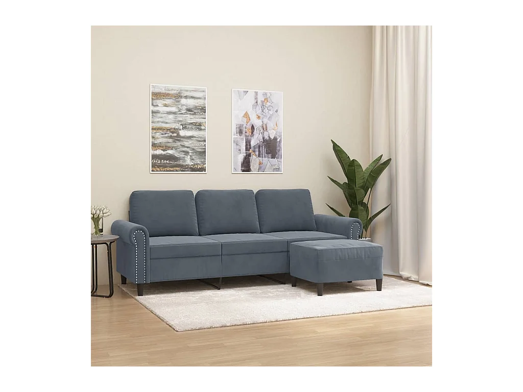 Divano 3 posti con poggiapiedi Grigio scuro 180 cm Velluto