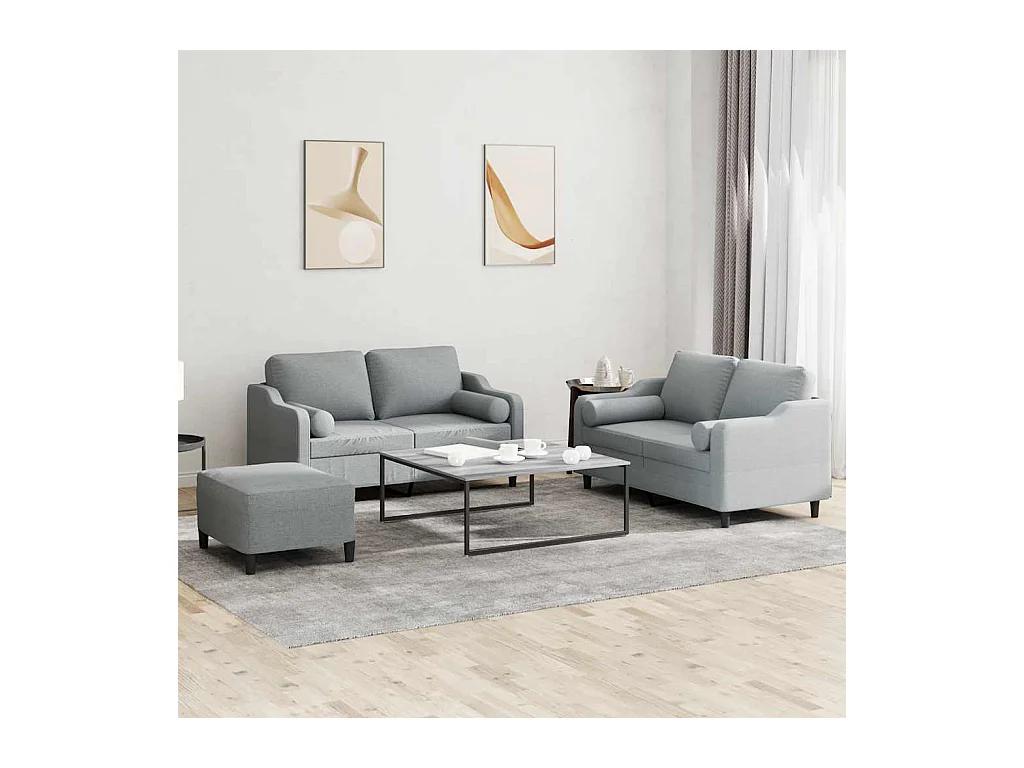 Set di divani 3 pezzi con cuscini in tessuto grigio chiaro