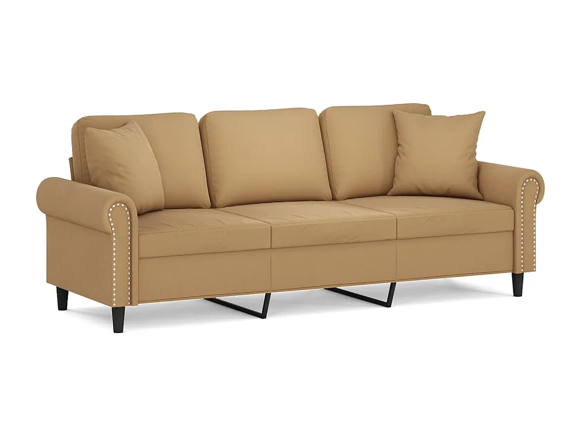 Sofá de 3 plazas con cojines decorativos de terciopelo marrón de 180 cm.