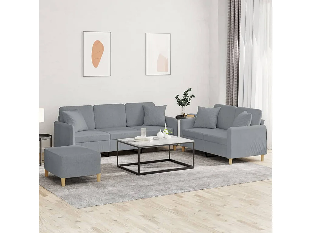 Set di divani 3 pezzi con cuscini in tessuto grigio chiaro