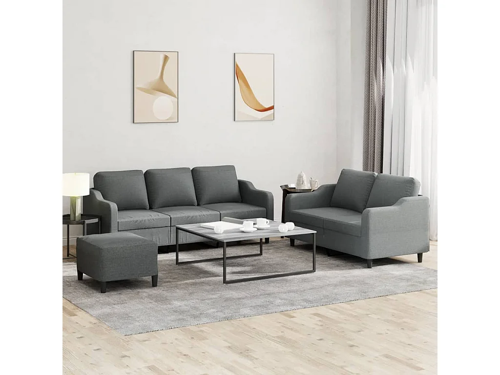3-teiliges Sofaset mit Kissen, dunkelgrauer Stoff