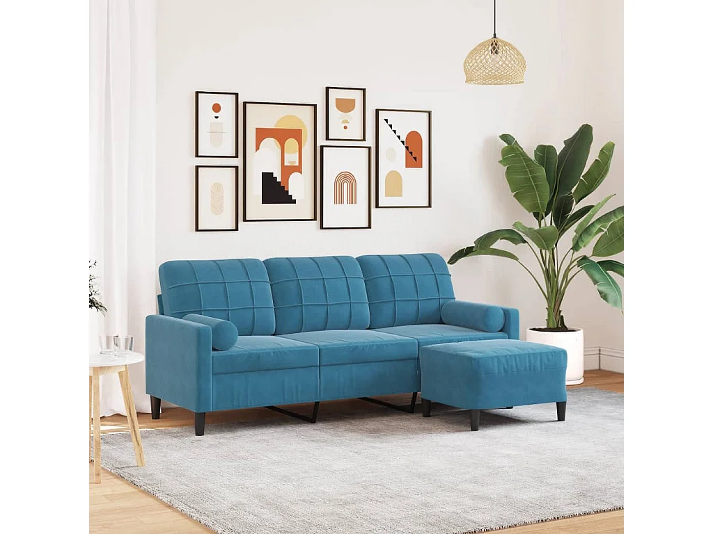 Canapé à 3 places avec repose-pieds Bleu 180 cm Velours