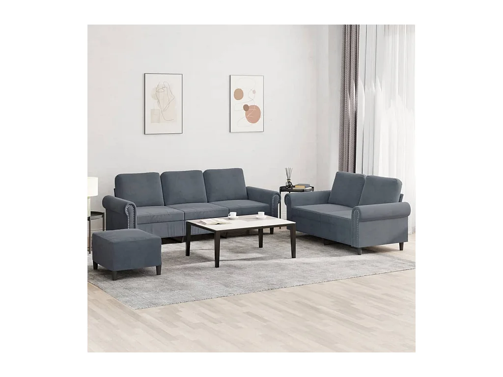 Set di divani 3 pezzi con cuscini in velluto grigio scuro