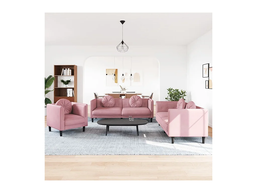 Set di divani 3 pezzi con cuscini in velluto rosa