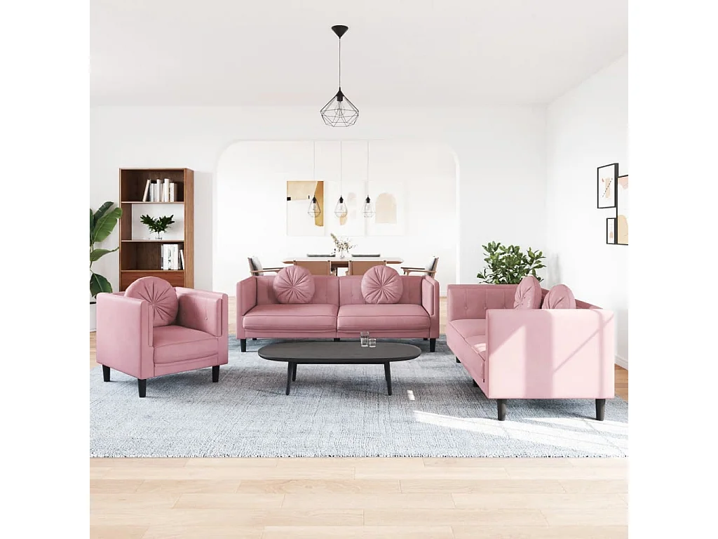 Set di divani 3 pezzi con cuscini in velluto rosa