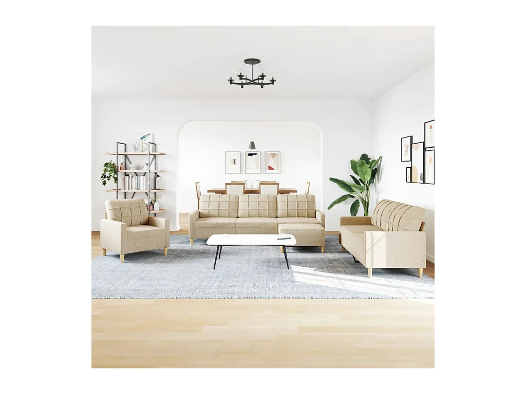 Set di divani 4 pezzi con poggiapiedi in tessuto crema