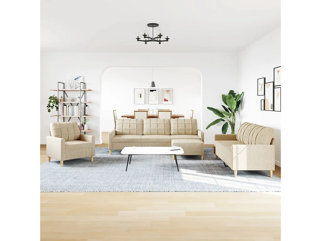 4-teiliges Sofaset mit Fußhocker, cremefarbener Stoff