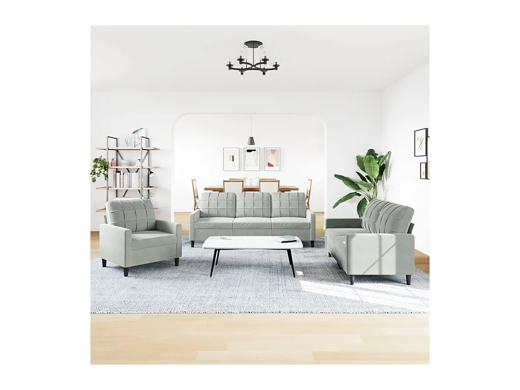 Set di divani 3 pezzi con cuscini in velluto grigio chiaro