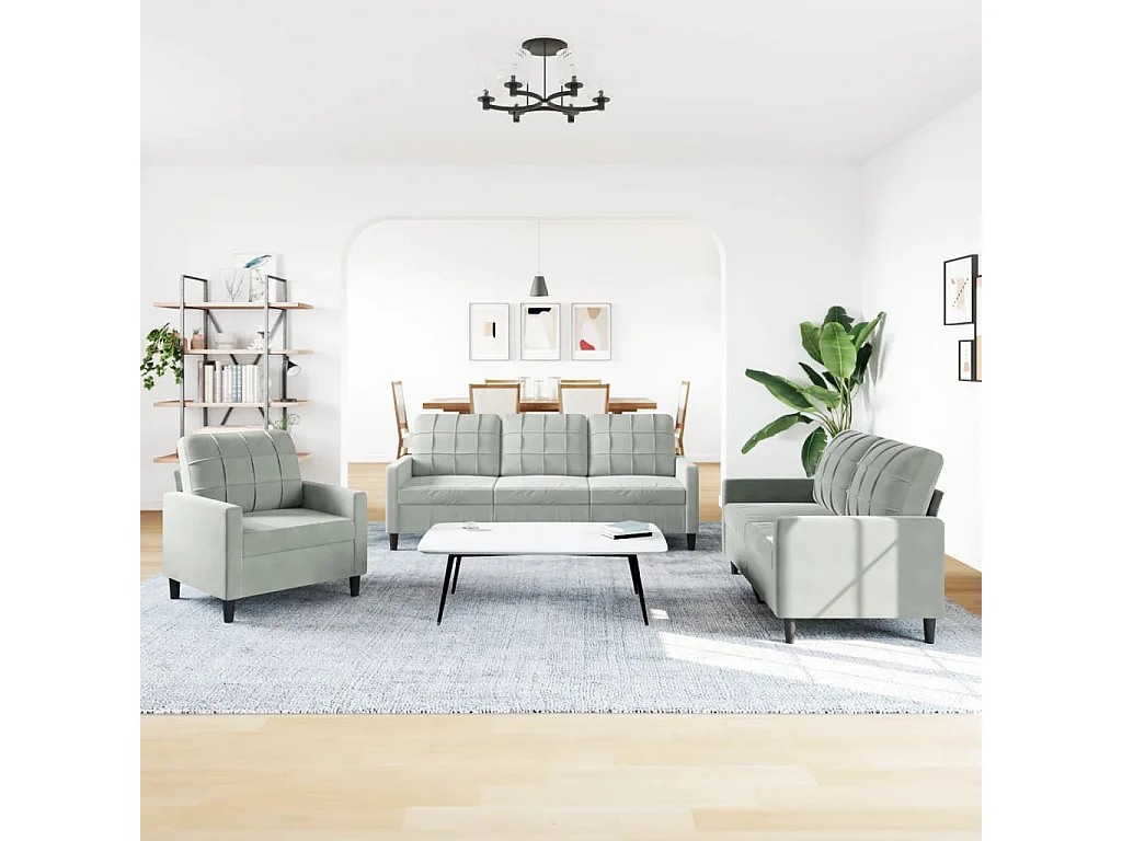 Set di divani 3 pezzi con cuscini in velluto grigio chiaro