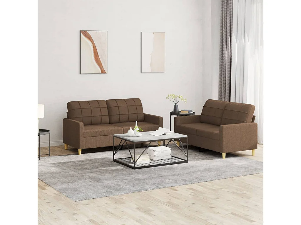 Set di divani 2 pezzi con cuscini in tessuto marrone