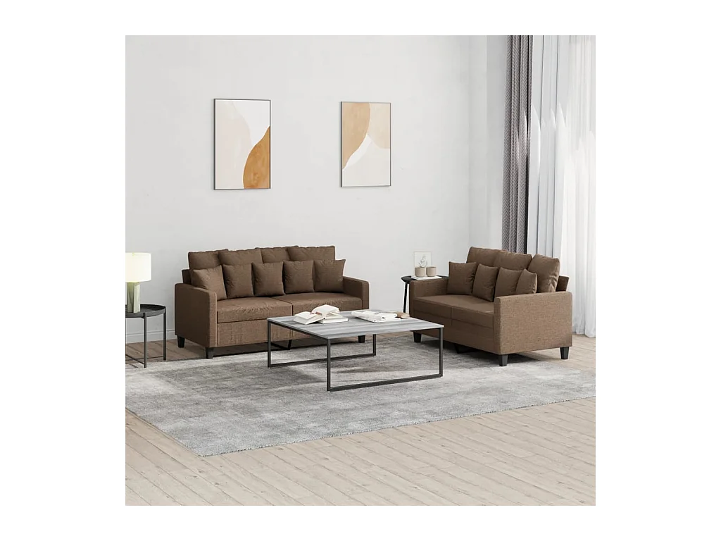 Set di divani 2 pezzi con cuscini in tessuto marrone