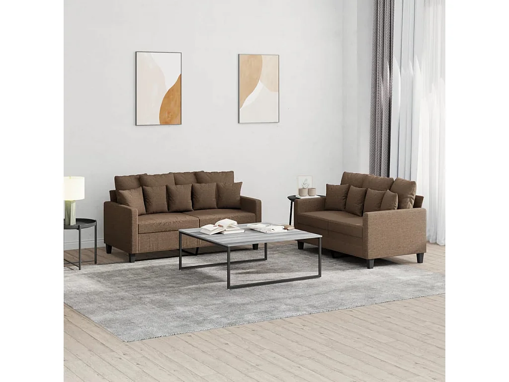 2-teiliges Sofaset mit Kissen, brauner Stoff
