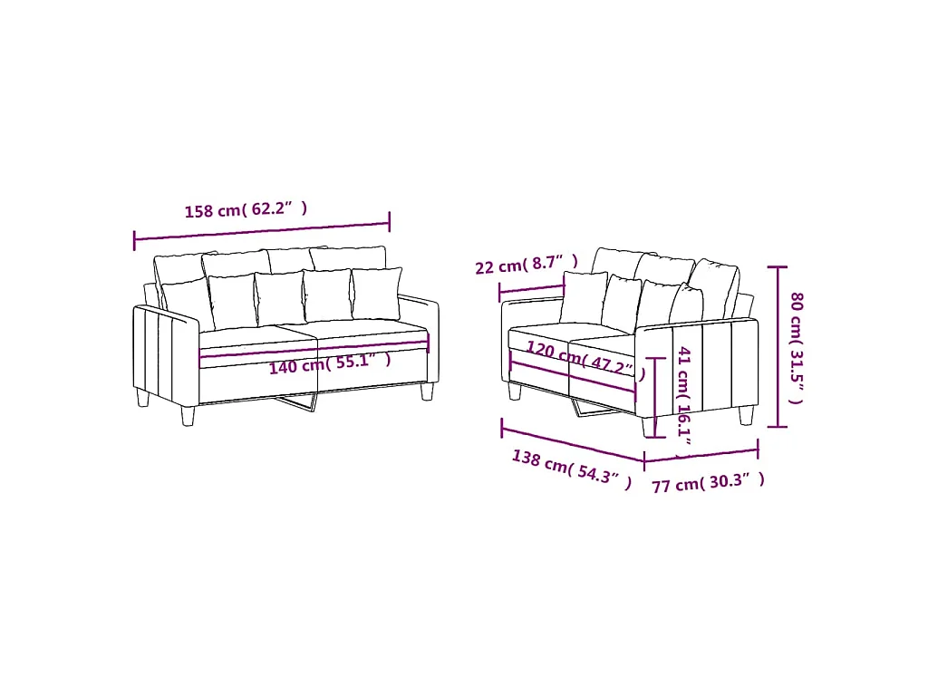 2-teiliges Sofaset mit Kissen, brauner Stoff