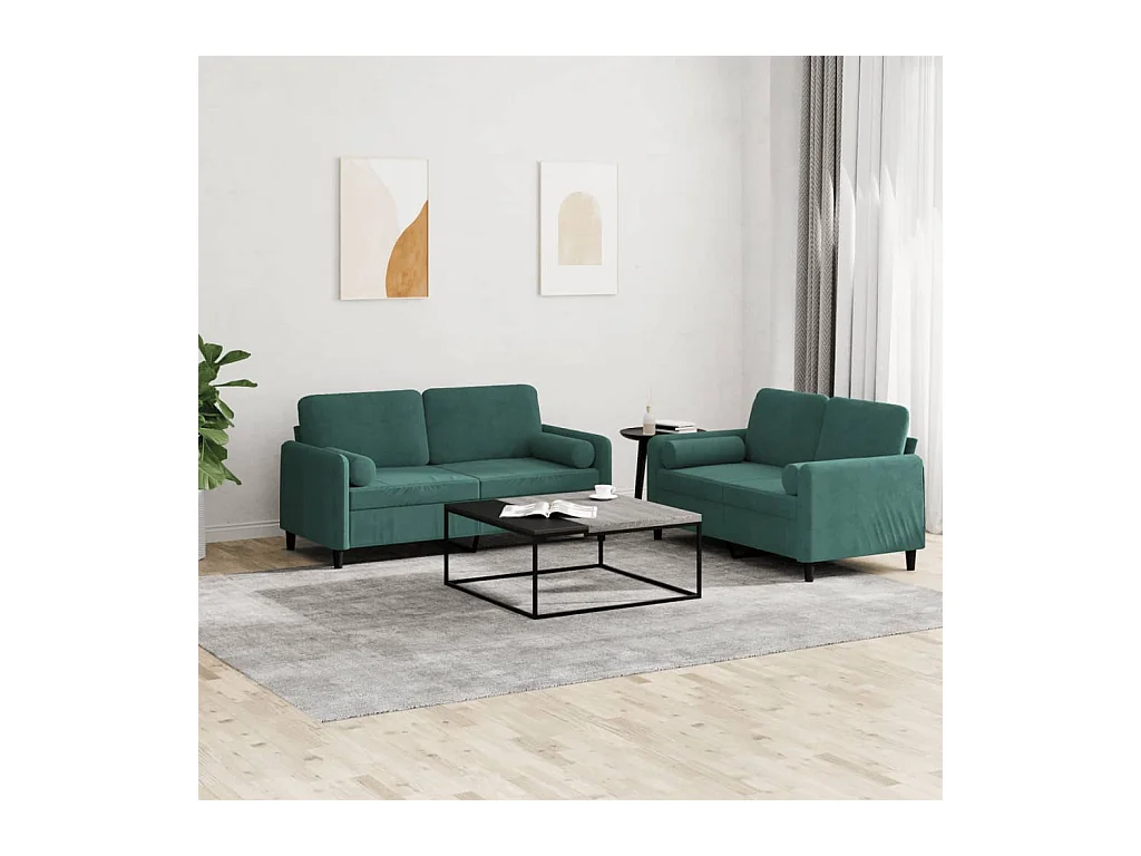 2-teiliges Sofaset mit dunkelgrünen Samtkissen